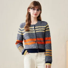 100% Wool Striped Cable Knit Button Up Cardigan