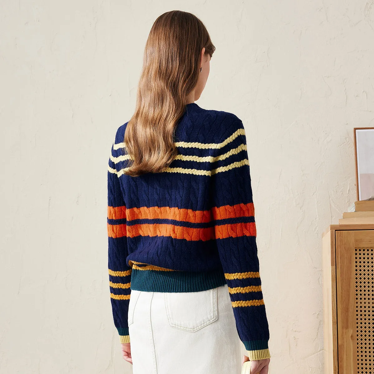 100% Wool Striped Cable Knit Button Up Cardigan