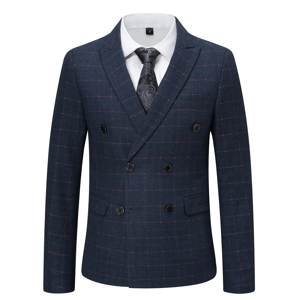 3-Piece Slim Fit Double Breasted Suit Plaid Navy Suit