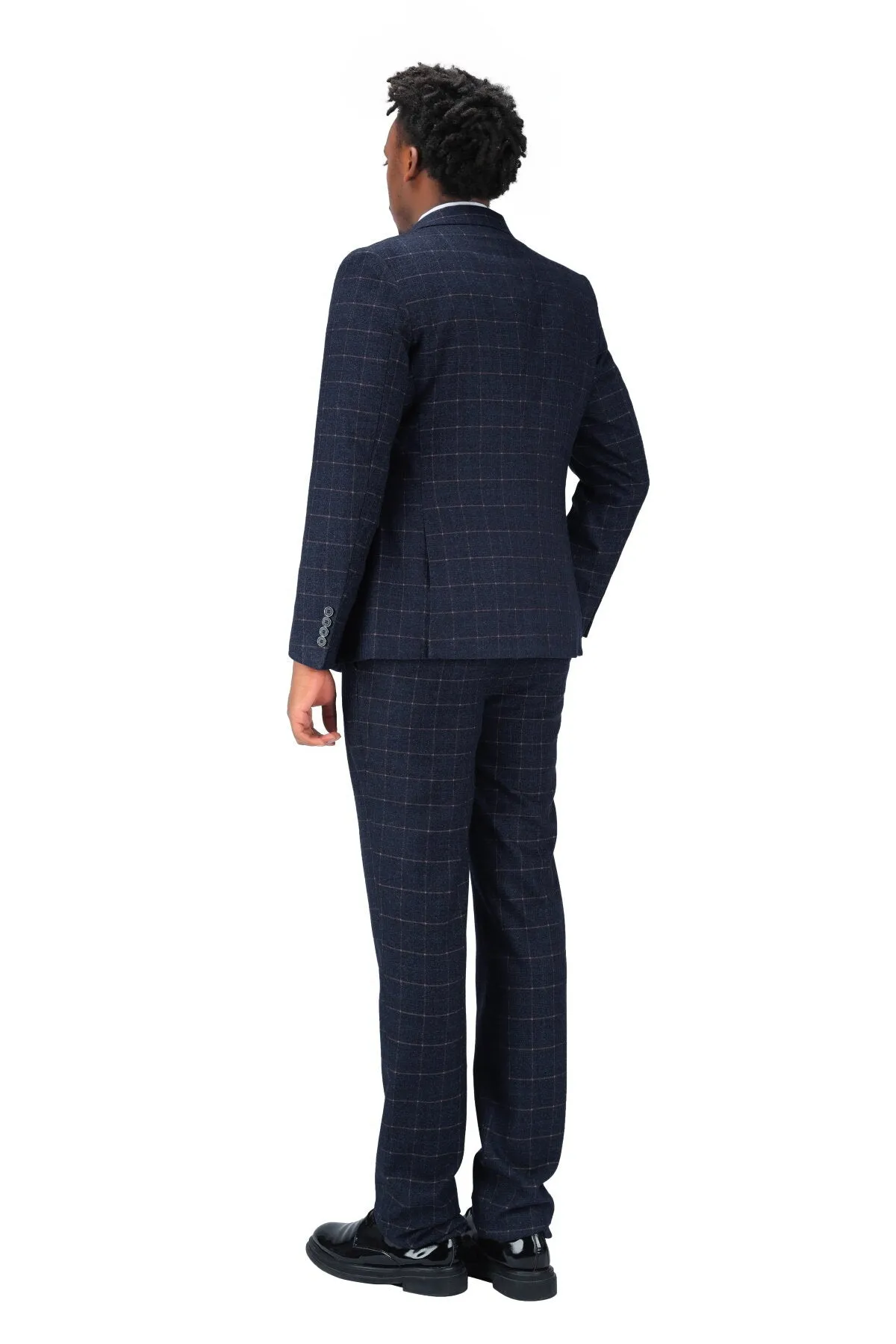 3-Piece Slim Fit Double Breasted Suit Plaid Navy Suit