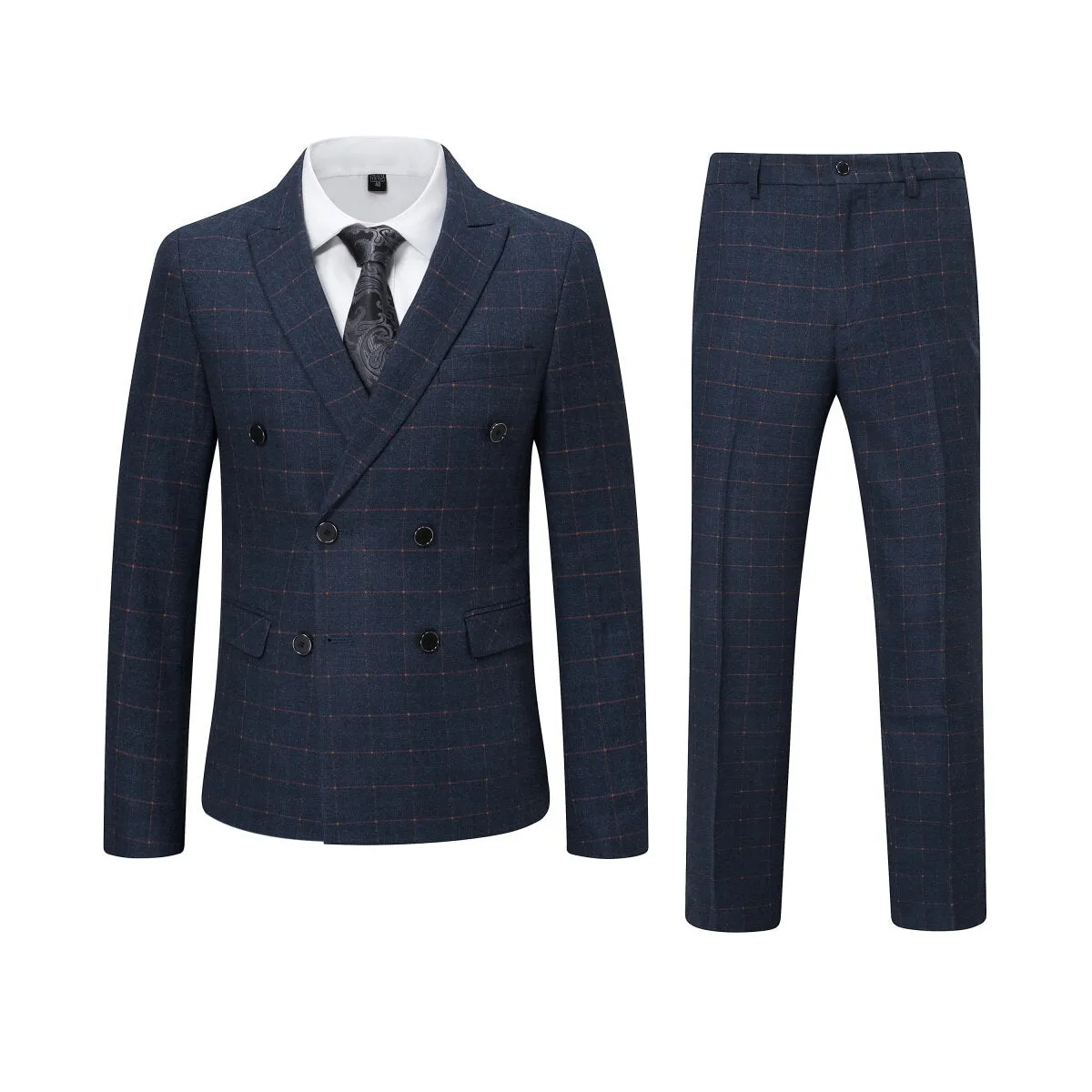 3-Piece Slim Fit Double Breasted Suit Plaid Navy Suit