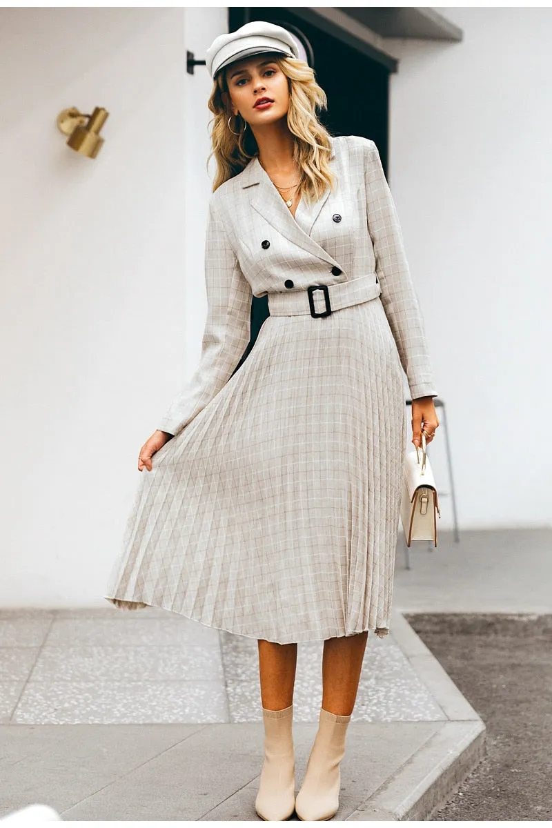 A-line V-neck Blazer Midi Elegant Long Sleeve Button Sash Blazer Pleated Office Dress