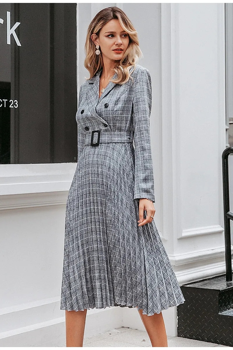 A-line V-neck Blazer Midi Elegant Long Sleeve Button Sash Blazer Pleated Office Dress