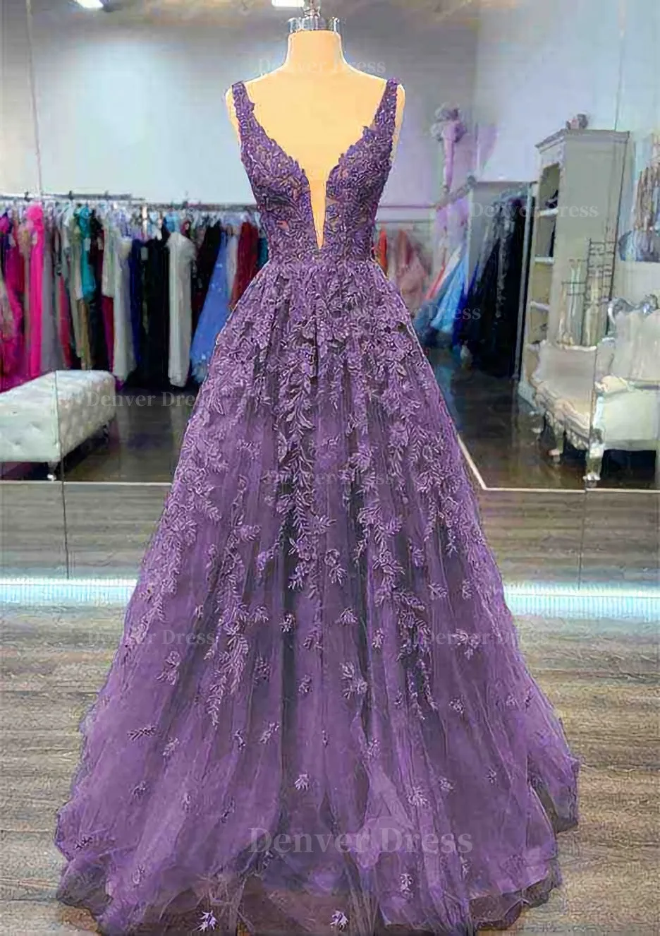 A-line V Neck Sleeveless Long/Floor-Length Lace Prom Dress With Beading