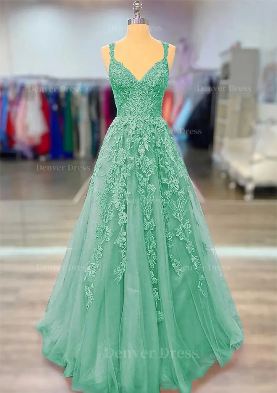 A-line V Neck Spaghetti Straps Long/Floor-Length Lace Prom Dress With Beading