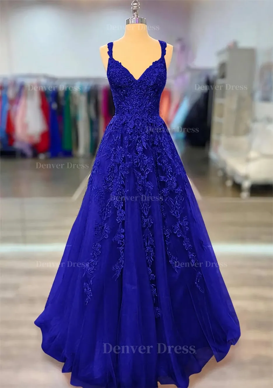 A-line V Neck Spaghetti Straps Long/Floor-Length Lace Prom Dress With Beading