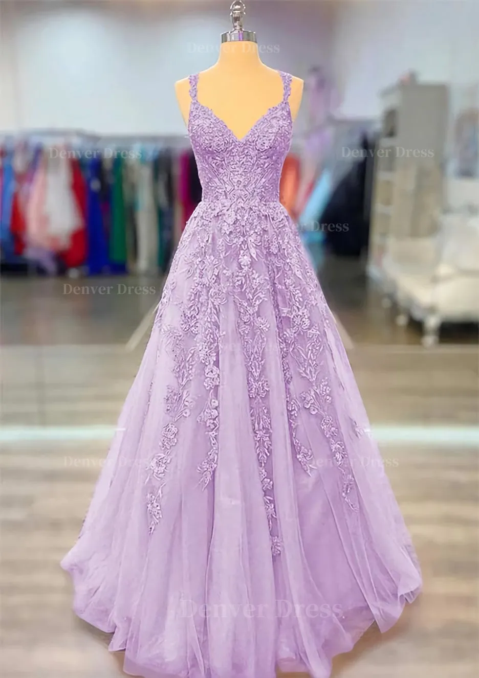 A-line V Neck Spaghetti Straps Long/Floor-Length Lace Prom Dress With Beading