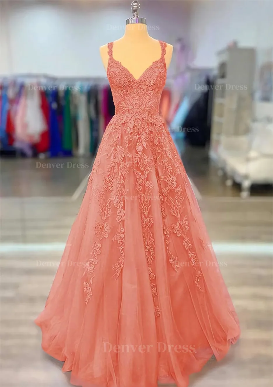 A-line V Neck Spaghetti Straps Long/Floor-Length Lace Prom Dress With Beading