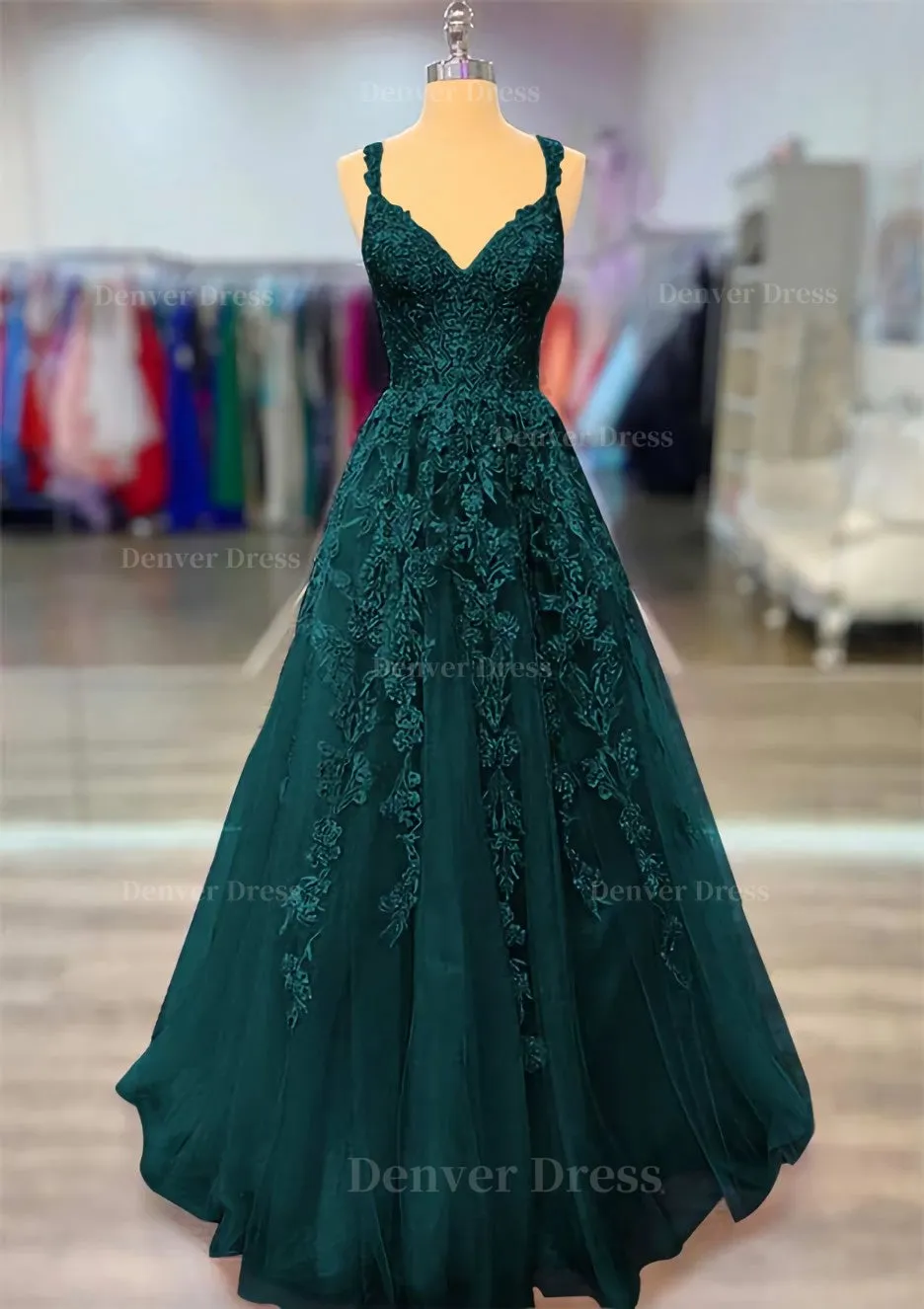 A-line V Neck Spaghetti Straps Long/Floor-Length Lace Prom Dress With Beading