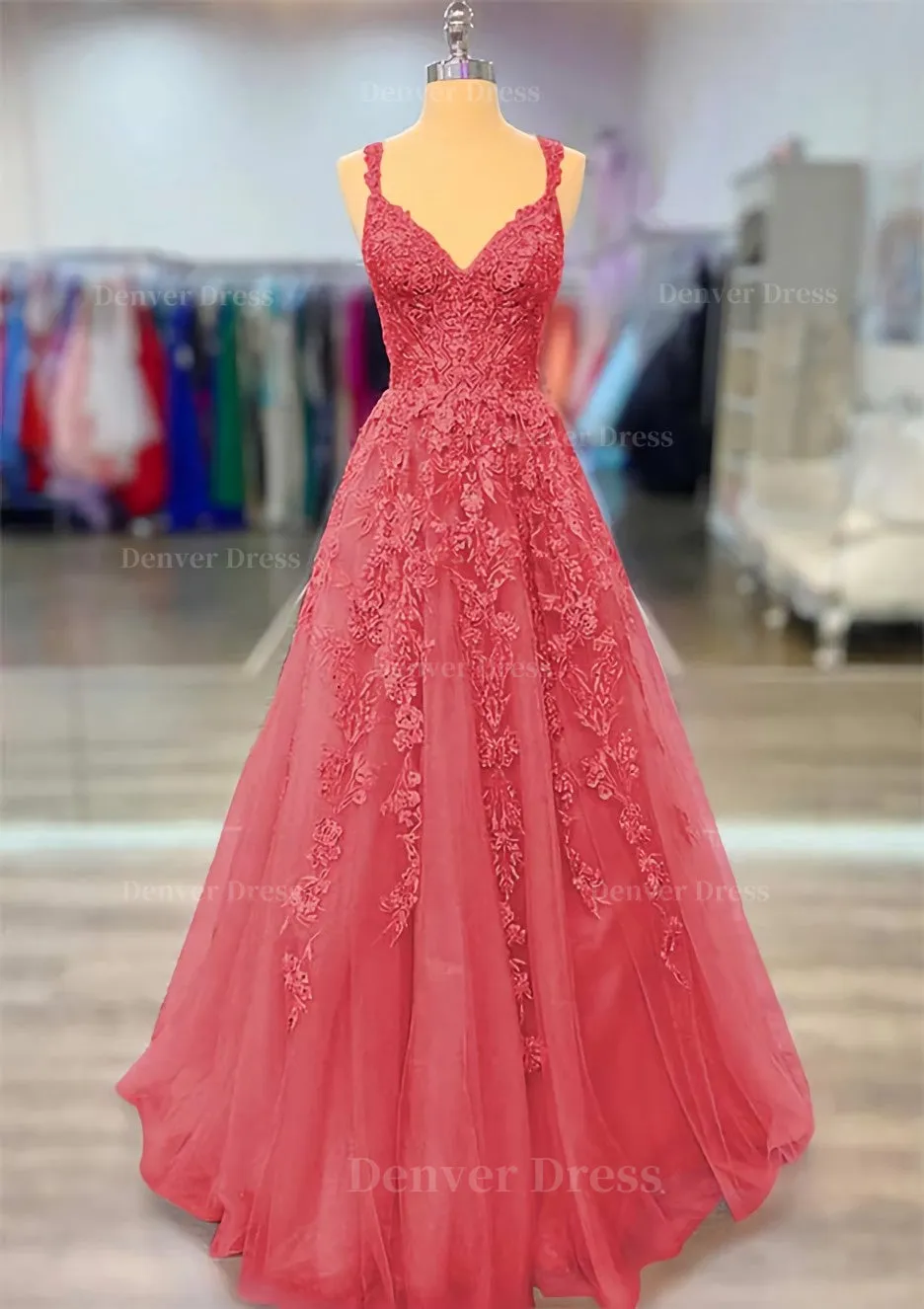 A-line V Neck Spaghetti Straps Long/Floor-Length Lace Prom Dress With Beading