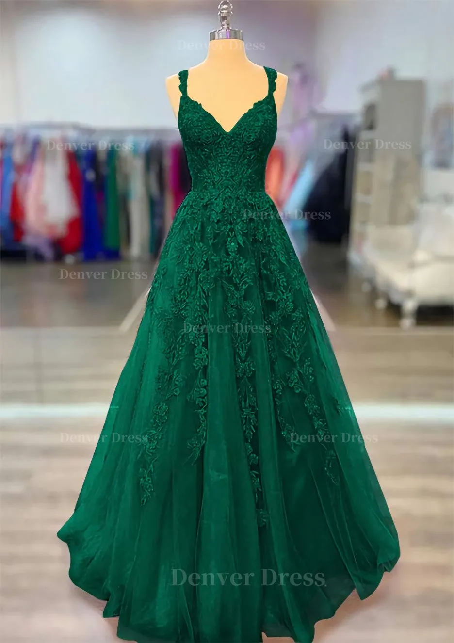 A-line V Neck Spaghetti Straps Long/Floor-Length Lace Prom Dress With Beading