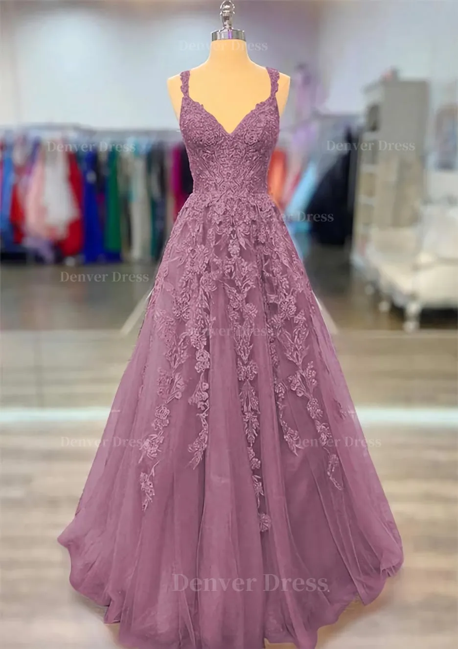 A-line V Neck Spaghetti Straps Long/Floor-Length Lace Prom Dress With Beading