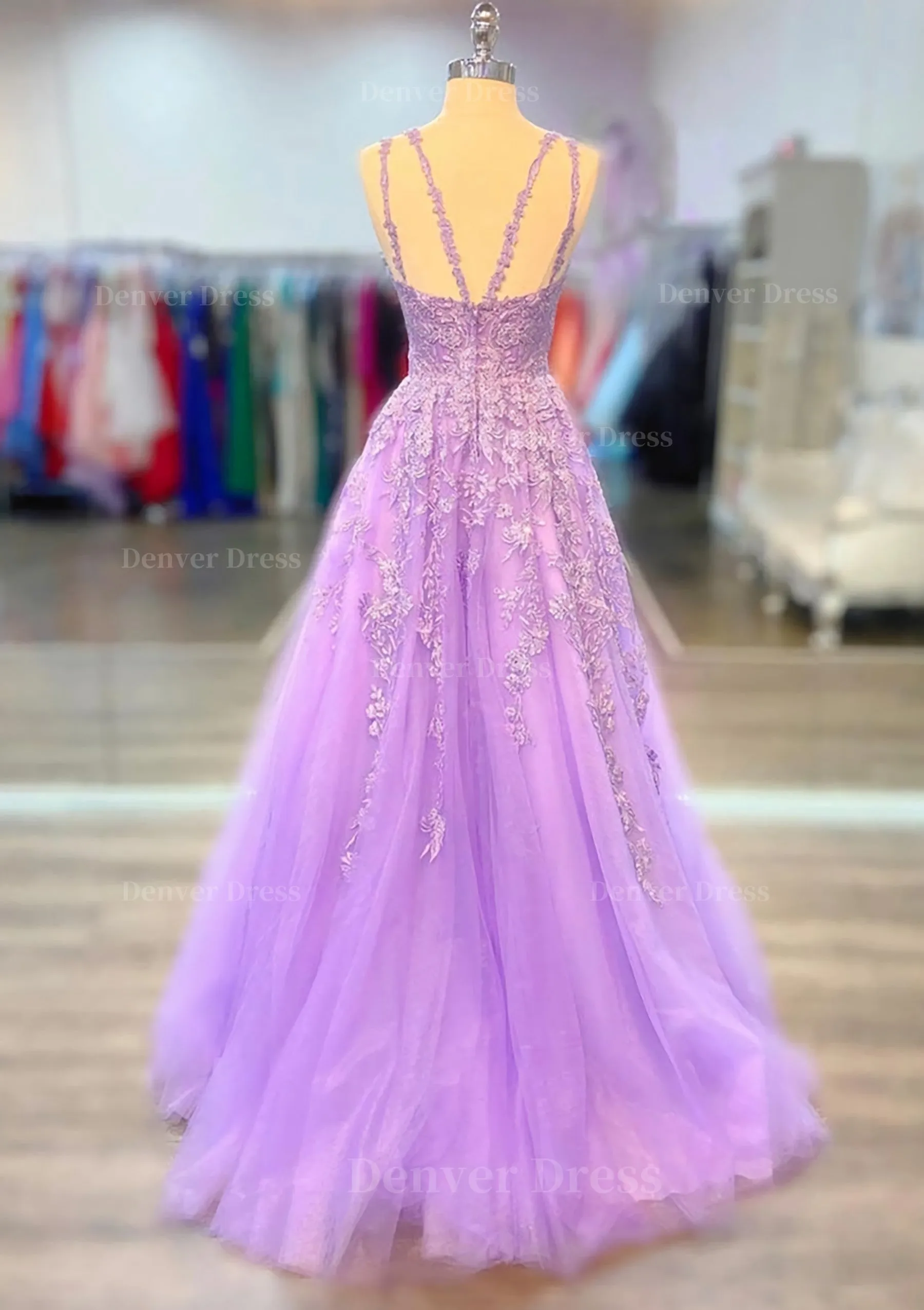 A-line V Neck Spaghetti Straps Long/Floor-Length Lace Prom Dress With Beading