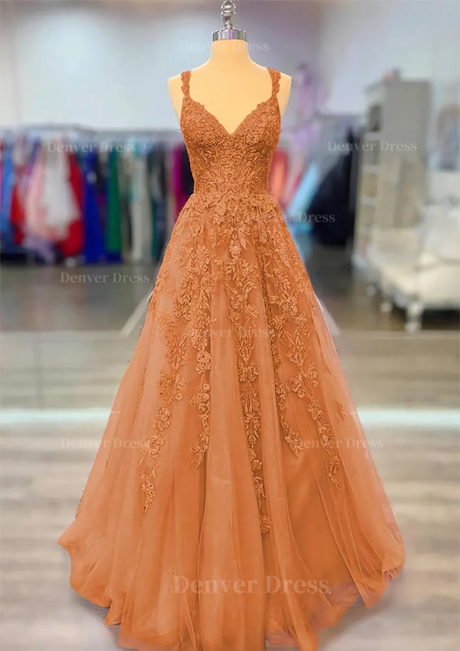 A-line V Neck Spaghetti Straps Long/Floor-Length Lace Prom Dress With Beading