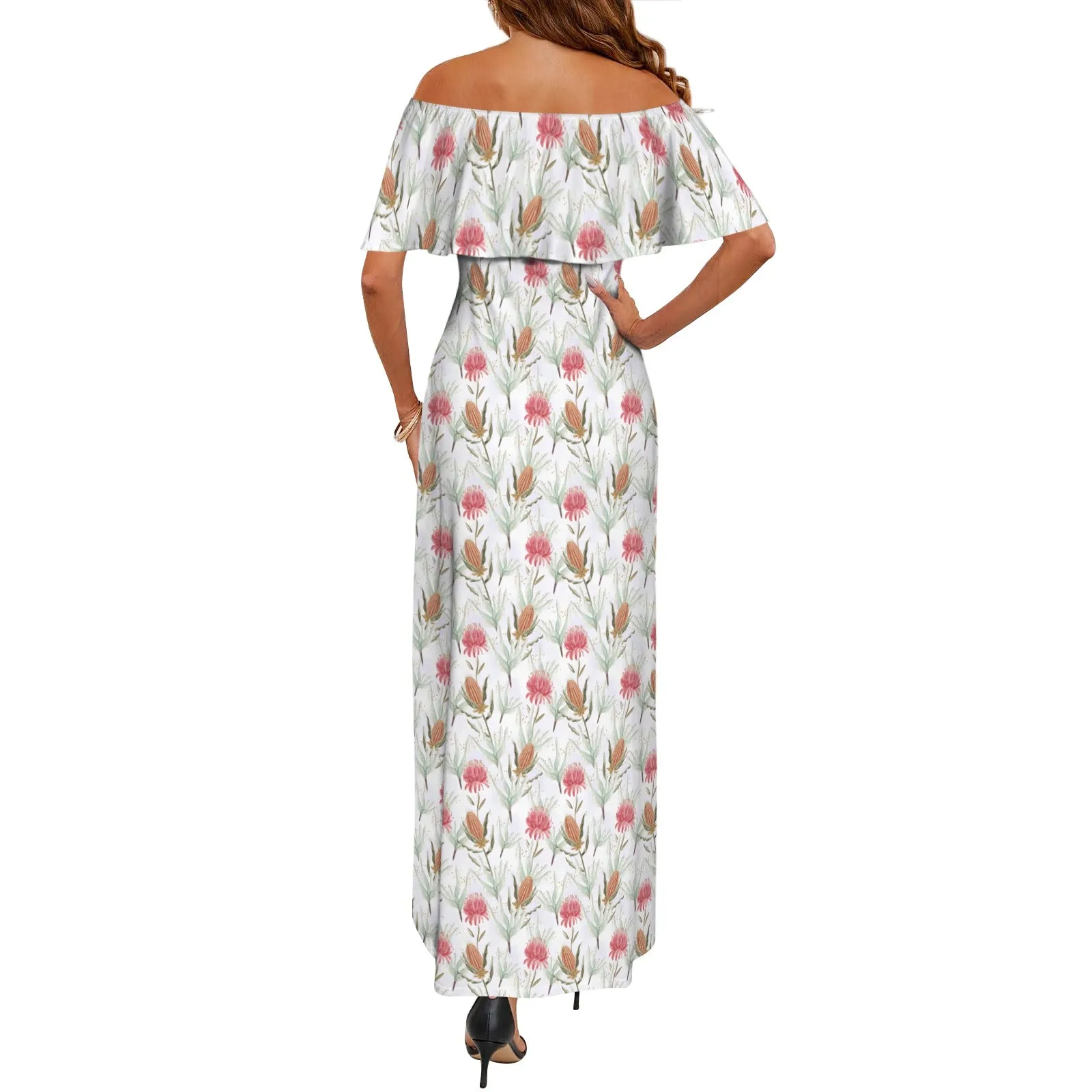 Australian Wattle Large Print Women's Off Shoulder Ruffle Boat Neck Dress (Model D71)