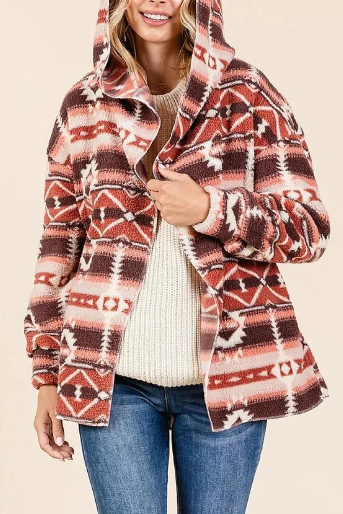 Aztec Tribal Print Hooded Oversize Fleece Jacket