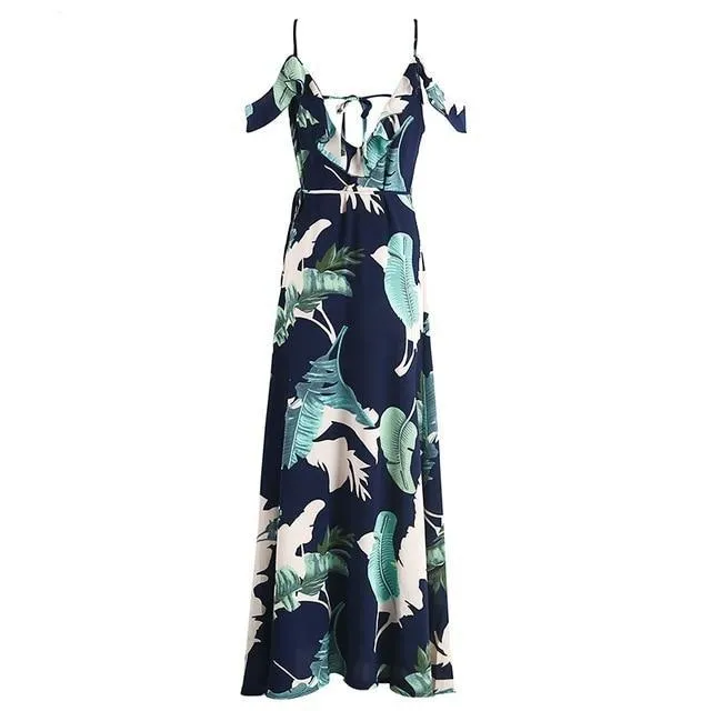 Backless Tie Up Ruffles Print Summer Wrap Maxi Dress