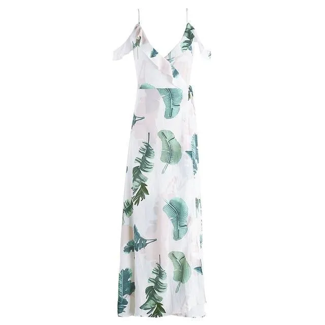 Backless Tie Up Ruffles Print Summer Wrap Maxi Dress