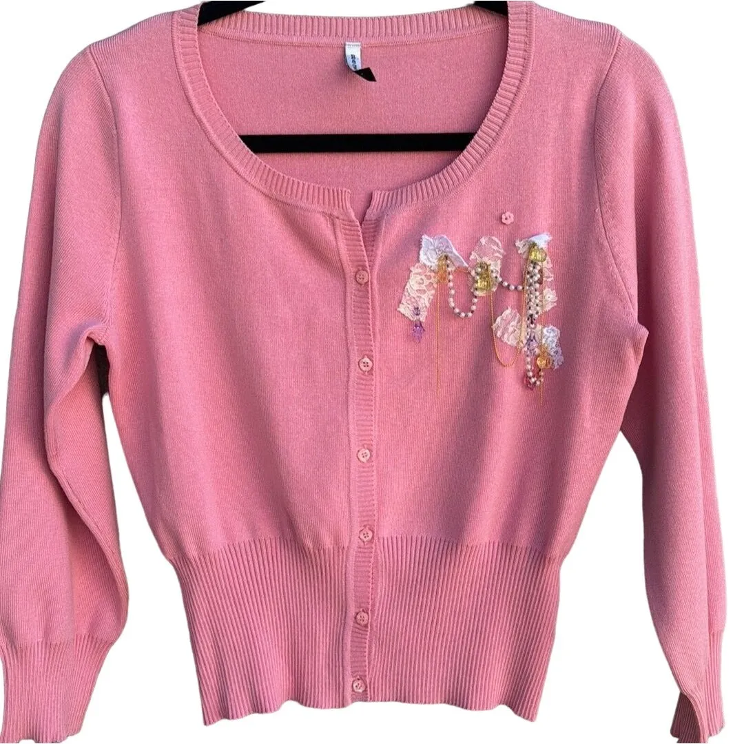 Baggage Women's Pink Silk Button-Up Embellished Lace Beaded 3/4 Sleeve Cardigan