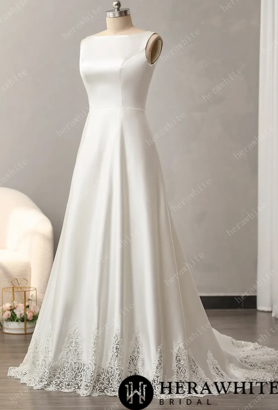 Bateau Neckline A-line Wedding Gown with Cutout Train