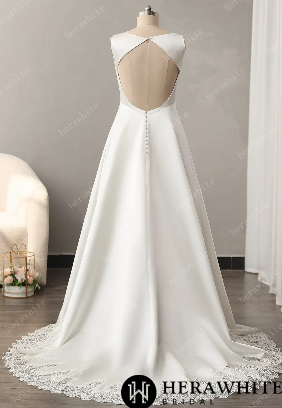 Bateau Neckline A-line Wedding Gown with Cutout Train