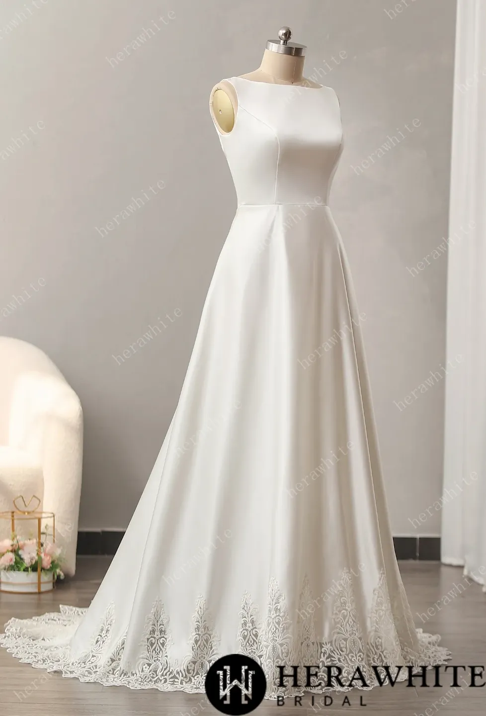 Bateau Neckline A-line Wedding Gown with Cutout Train