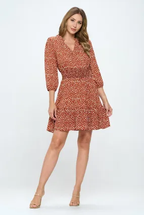 Bea Printed Three Quarter Sleeve Smocked Dress