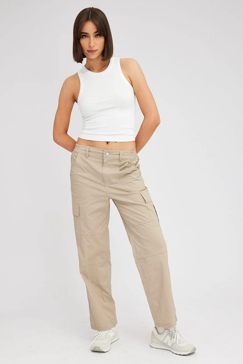 Beige Cargo Pants Mid Rise