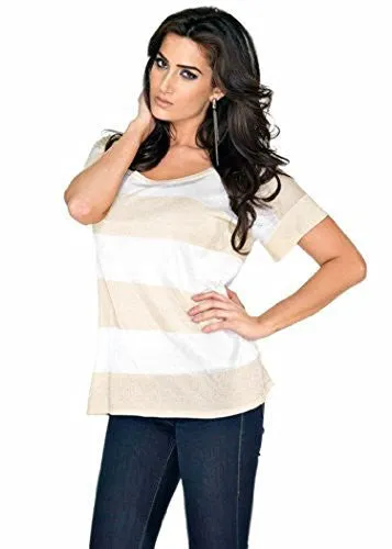 Belldini White & Gold Oversized Boxy Top with Alternating Lurex & Sheer Stripes