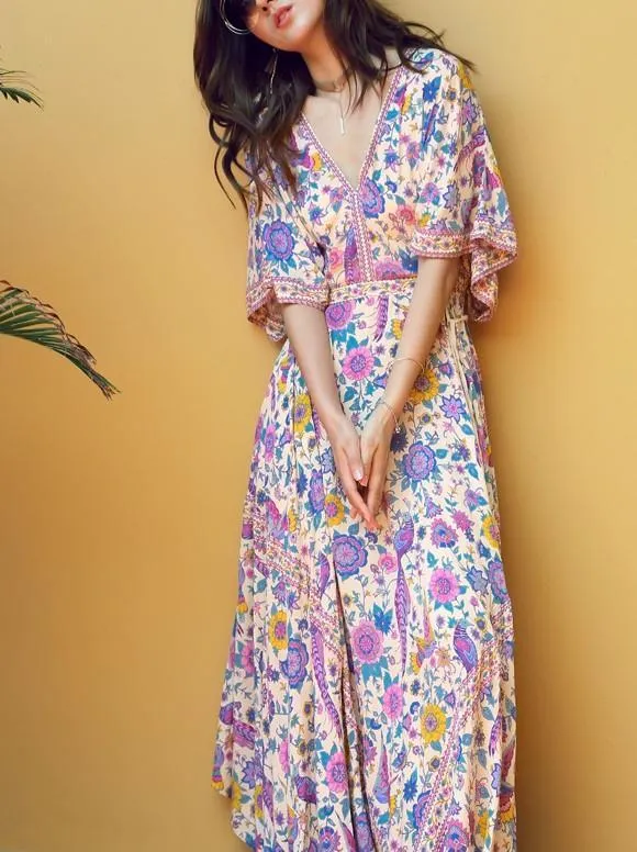 Belted Floral Printed Deep V Neck Off Back Maxi Dress