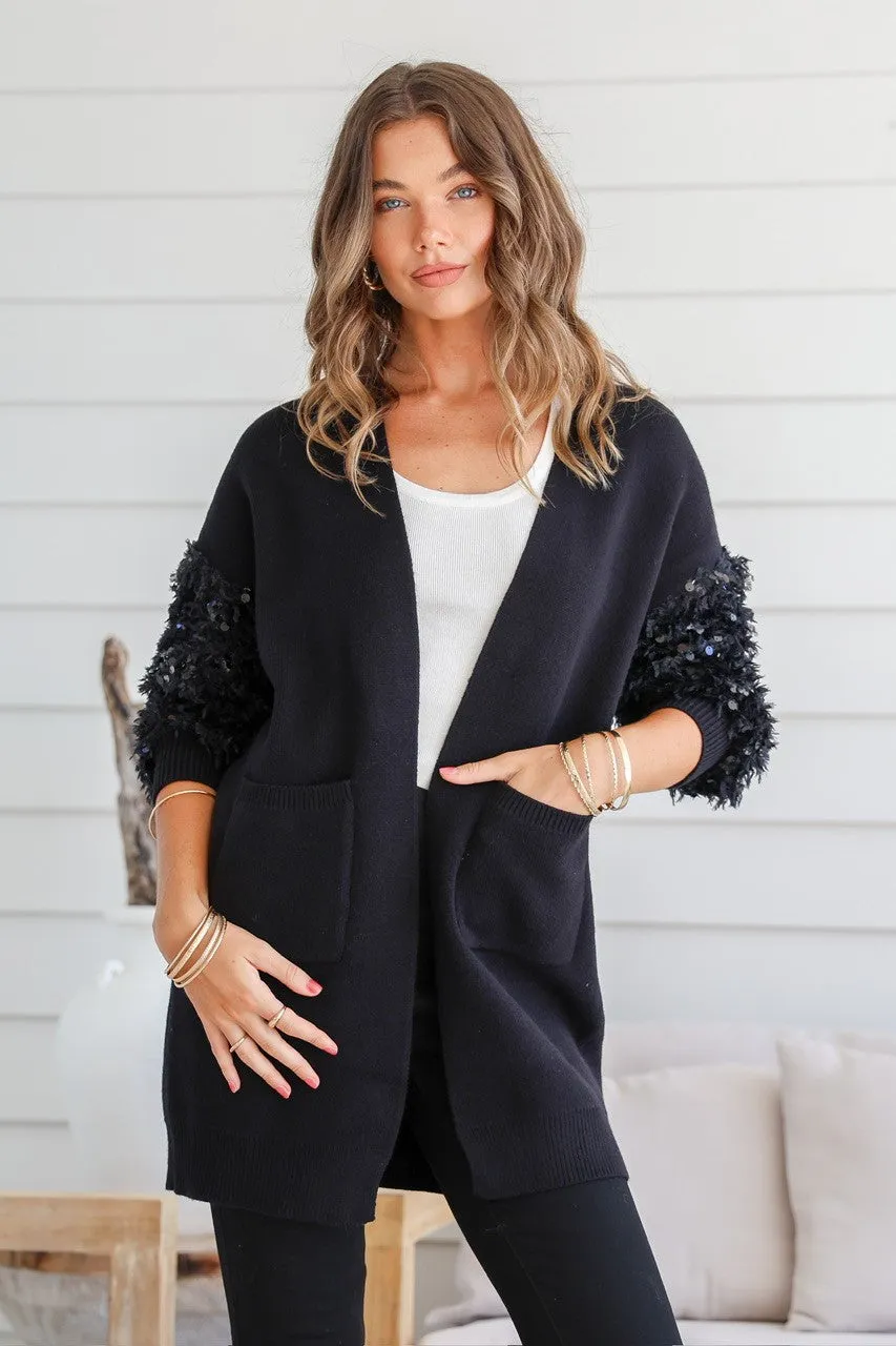 Black Cardigan with Sequin detail on the Sleeves