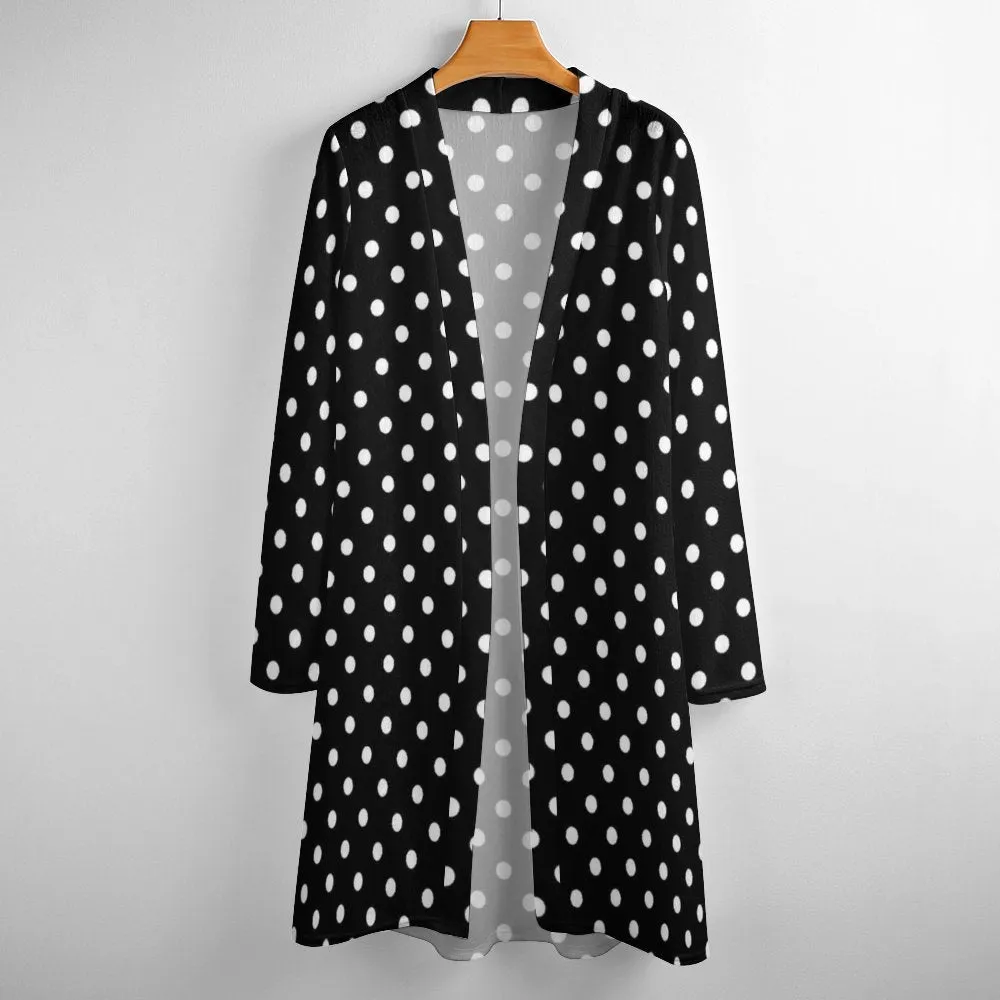 Black With White Polka Dots Women's Mid-Length Cardigan