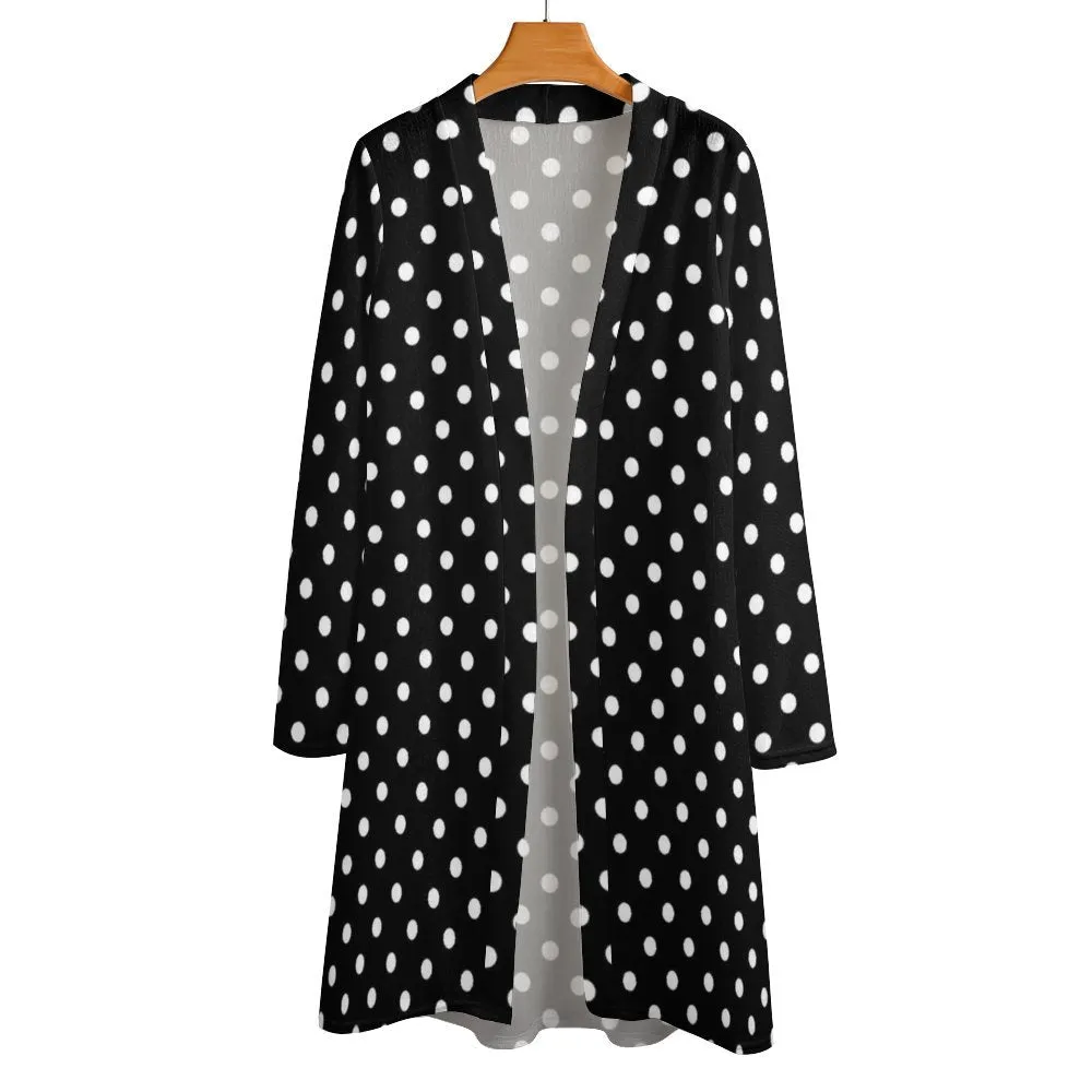 Black With White Polka Dots Women's Mid-Length Cardigan