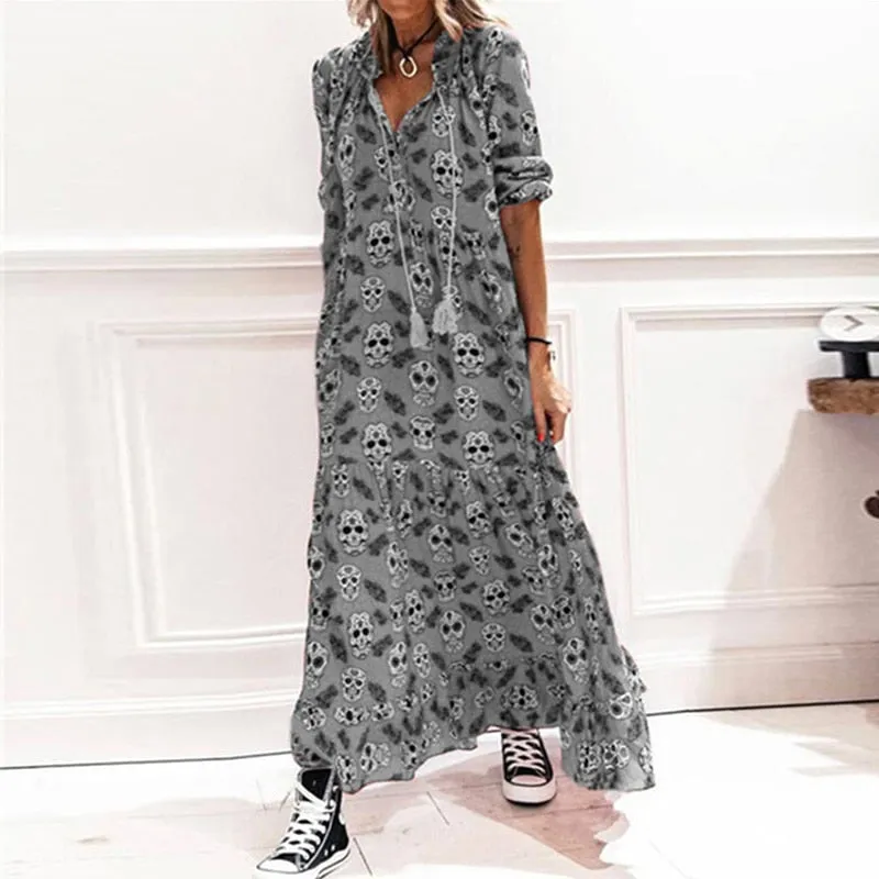 Bohemia Long Sleeve Skull Printing Vintage Loose Dresses Chic Elegant Woman  Kawaii Sexy Retro Casual Robe