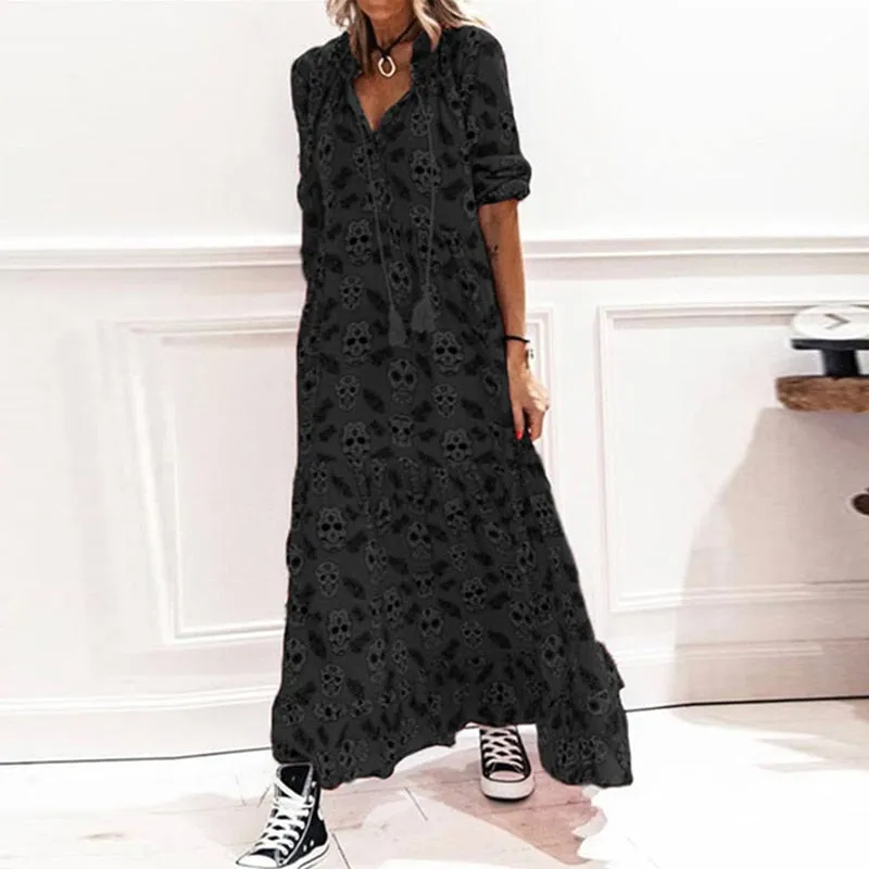 Bohemia Long Sleeve Skull Printing Vintage Loose Dresses Chic Elegant Woman  Kawaii Sexy Retro Casual Robe