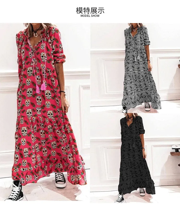 Bohemia Long Sleeve Skull Printing Vintage Loose Dresses Chic Elegant Woman  Kawaii Sexy Retro Casual Robe