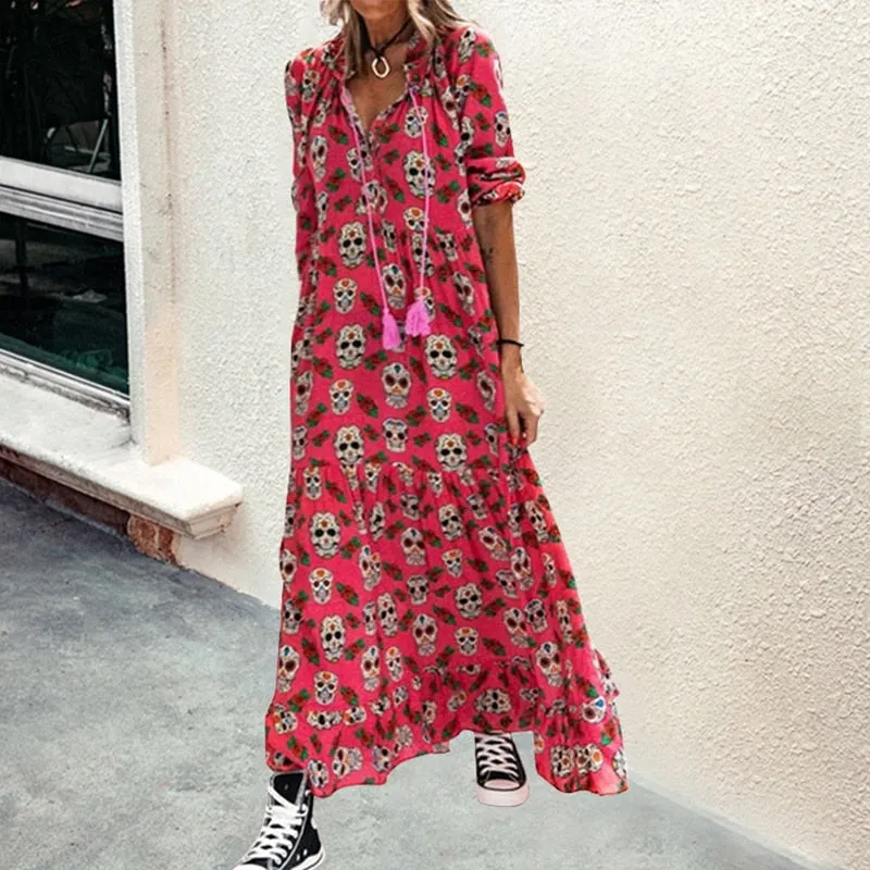 Bohemia Long Sleeve Skull Printing Vintage Loose Dresses Chic Elegant Woman  Kawaii Sexy Retro Casual Robe