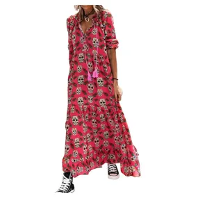 Bohemia Long Sleeve Skull Printing Vintage Loose Dresses Chic Elegant Woman  Kawaii Sexy Retro Casual Robe