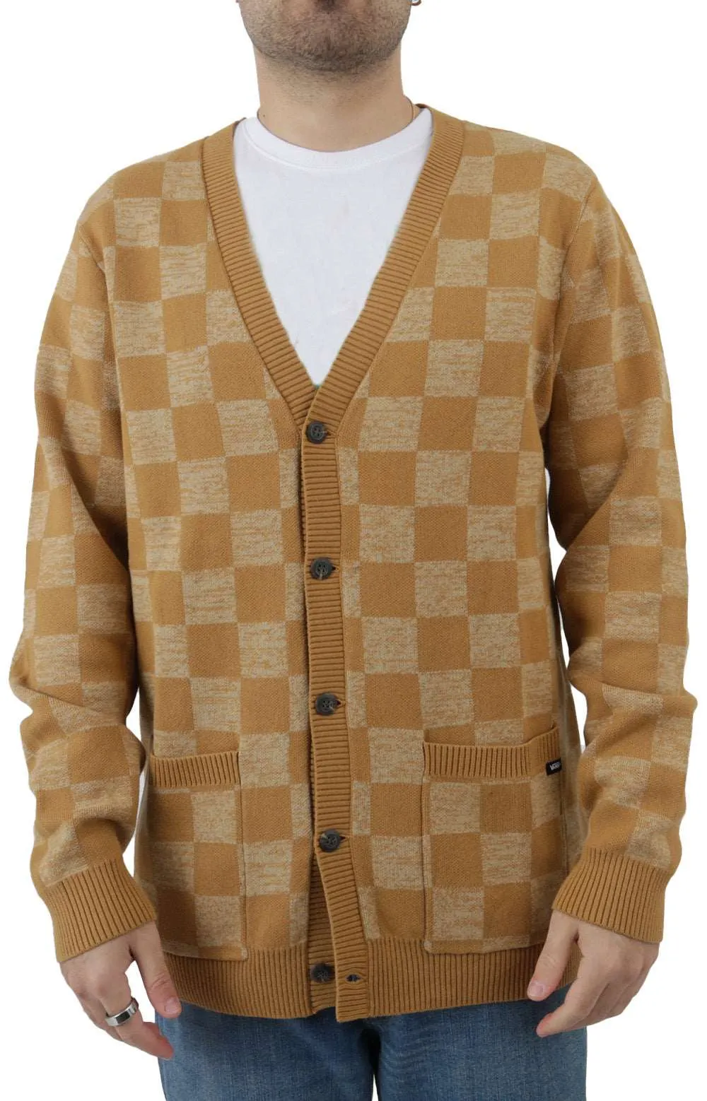 Bone Brown Checkerboard Jacquard Knit Cardigan