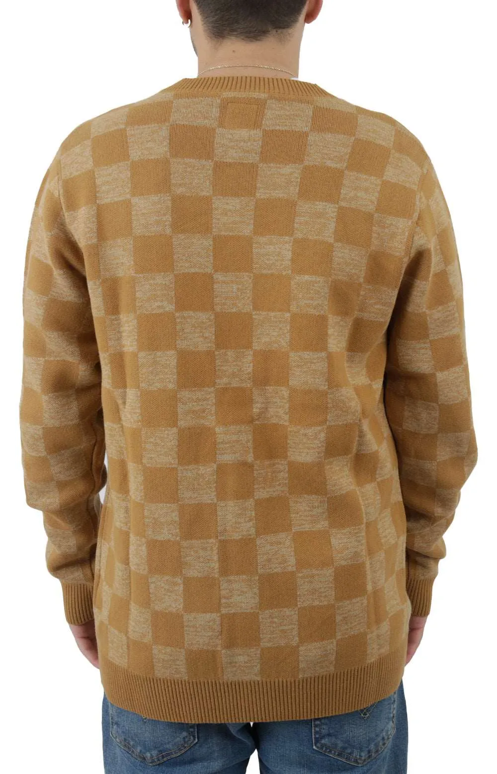 Bone Brown Checkerboard Jacquard Knit Cardigan