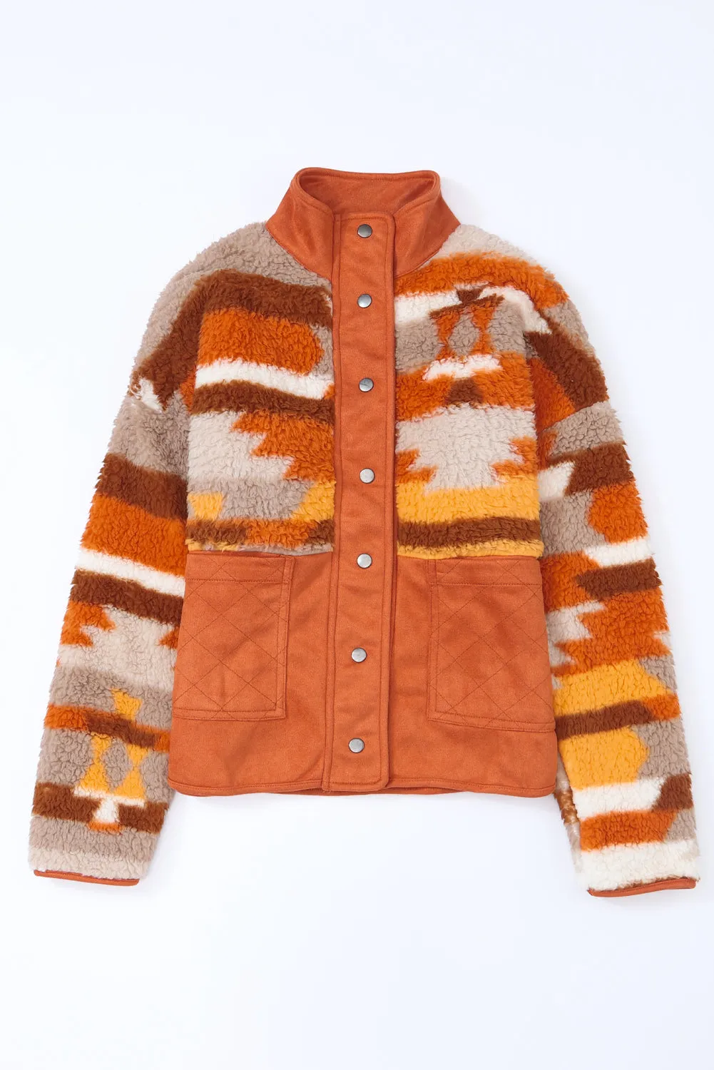 Brown Striped and Geometric Fleece Jacket with Quilted Patch Pockets