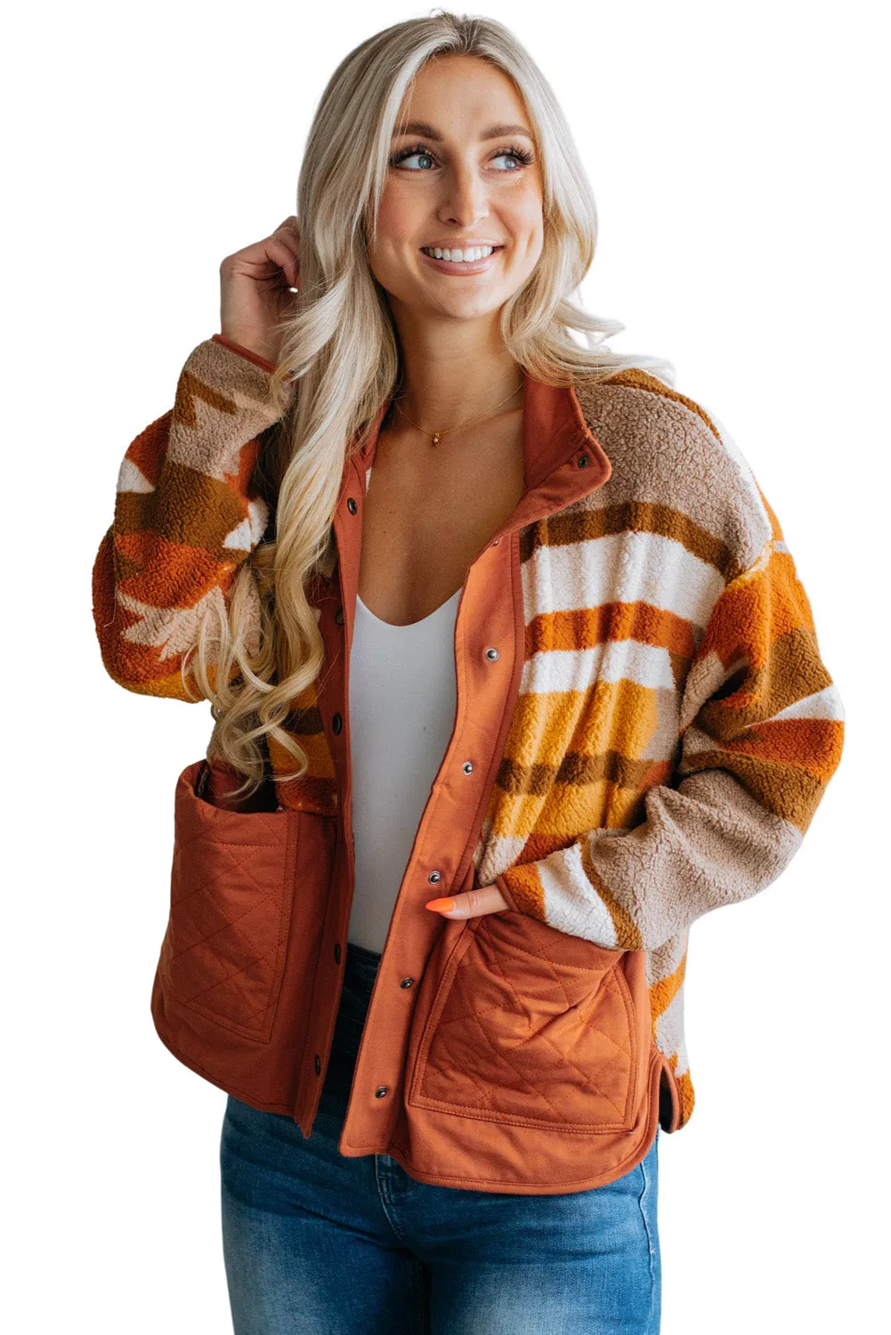 Brown Striped and Geometric Fleece Jacket with Quilted Patch Pockets