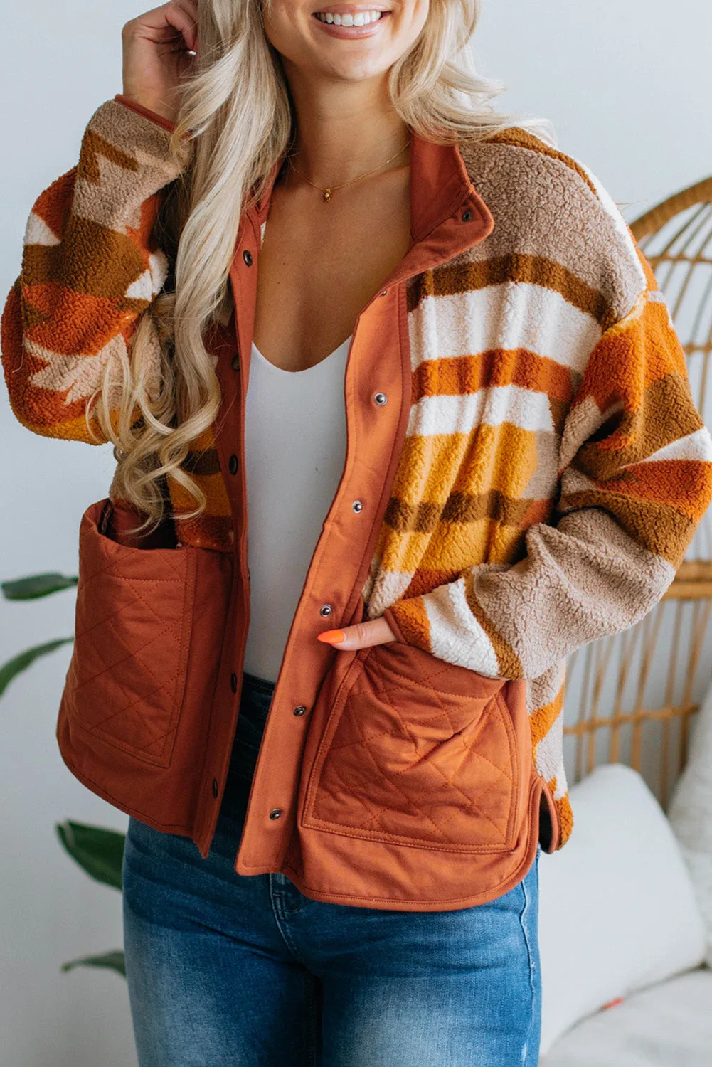 Brown Striped and Geometric Fleece Jacket with Quilted Patch Pockets