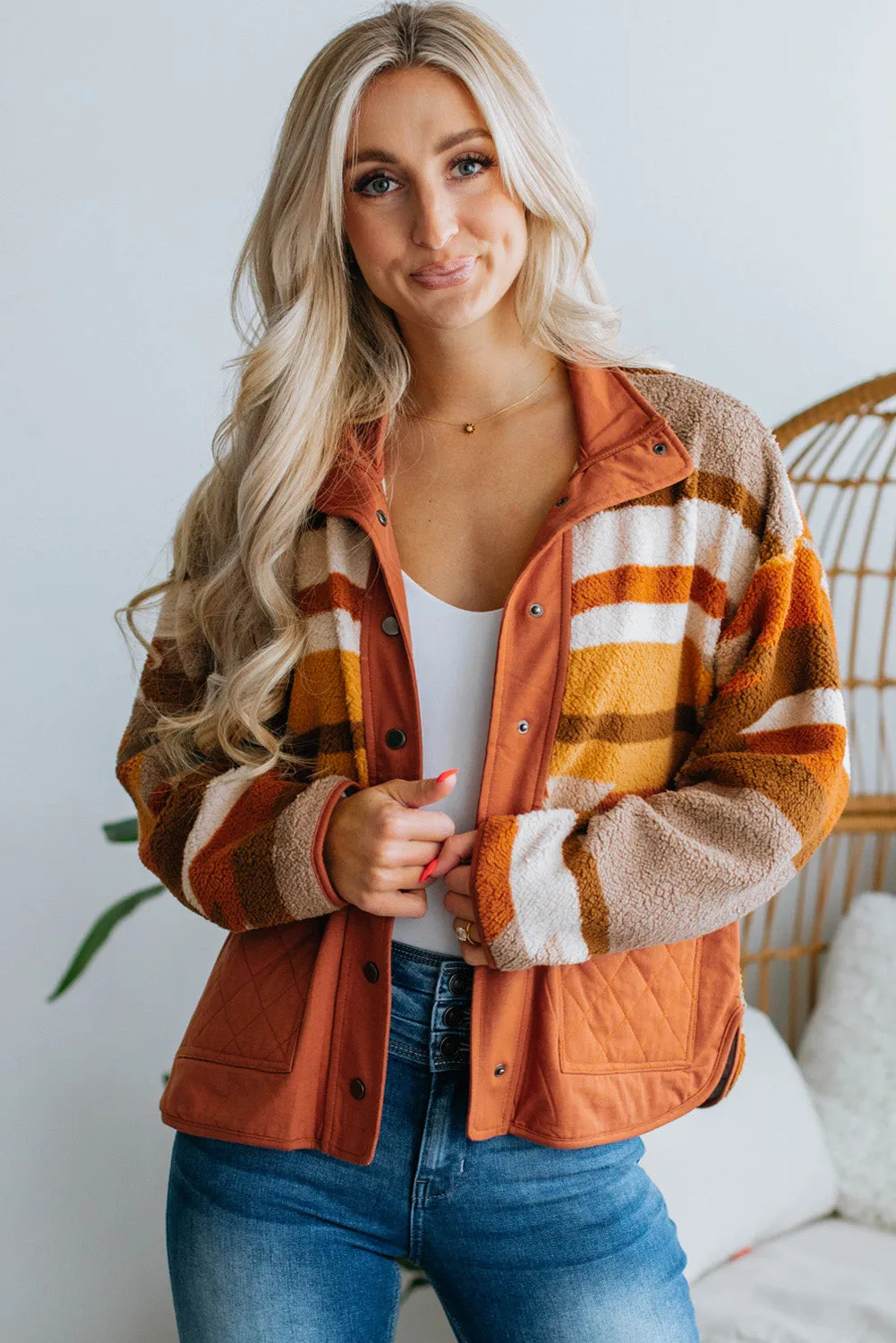 Brown Striped and Geometric Fleece Jacket with Quilted Patch Pockets