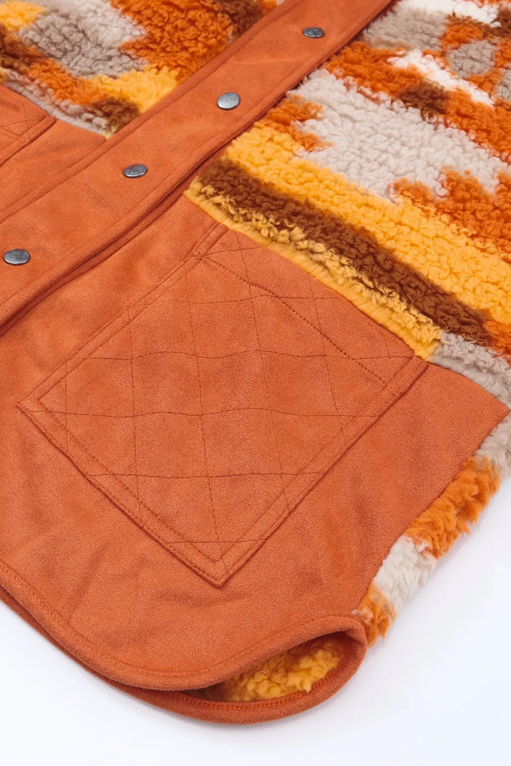 Brown Striped and Geometric Fleece Jacket with Quilted Patch Pockets