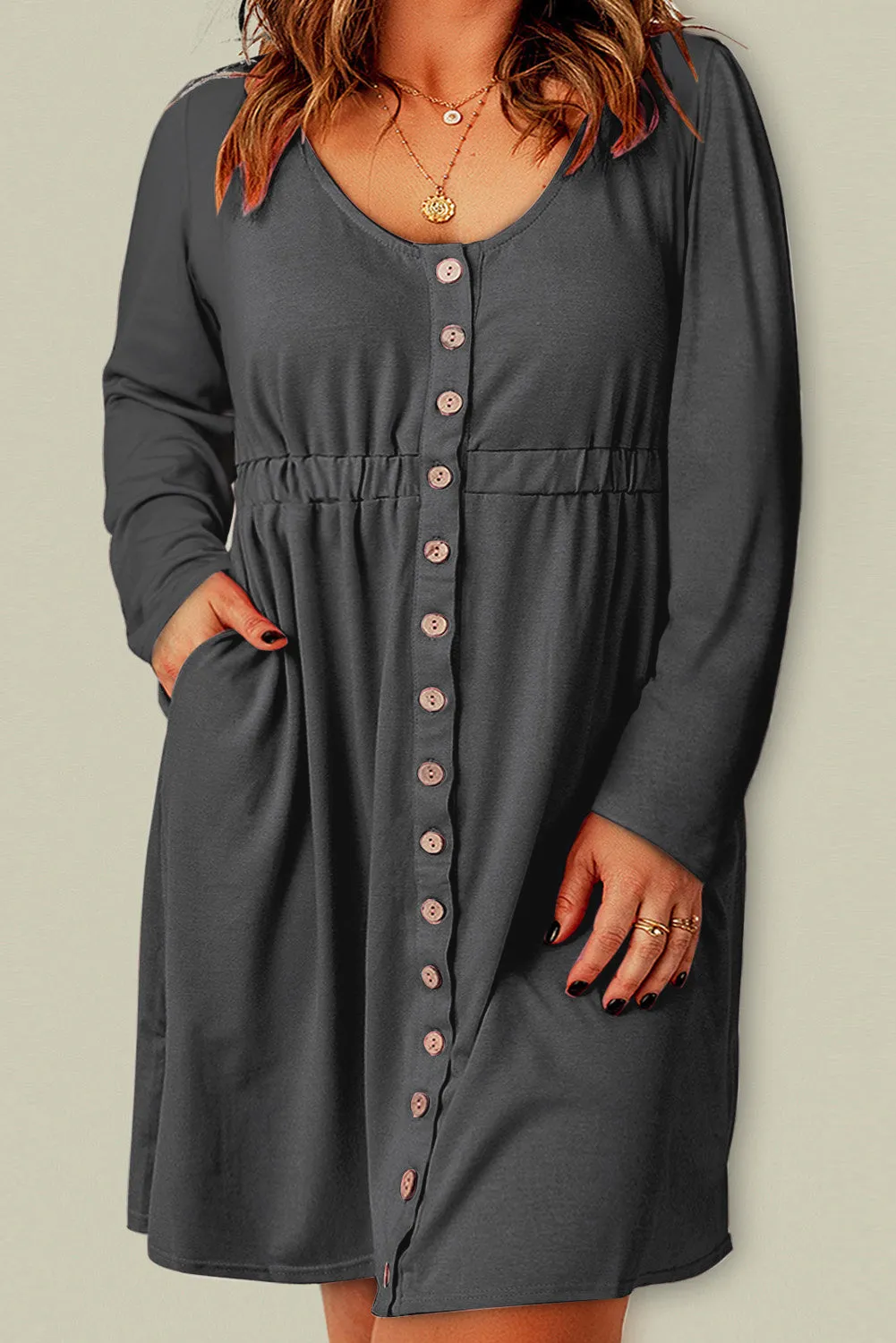 Button Front Elastic Waist Long Sleeve Dress