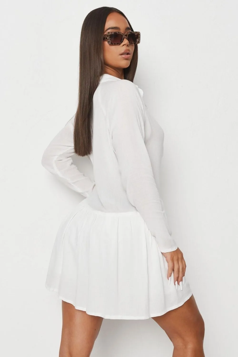 Button Open Front White Mini Ruffled Hem White Dress