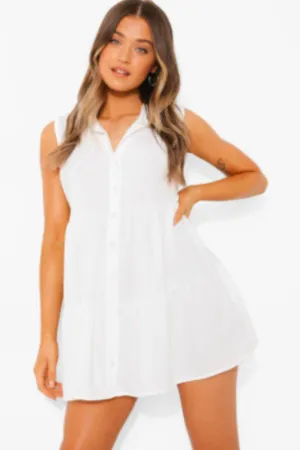 Buttoned Open Front Mini White Dress