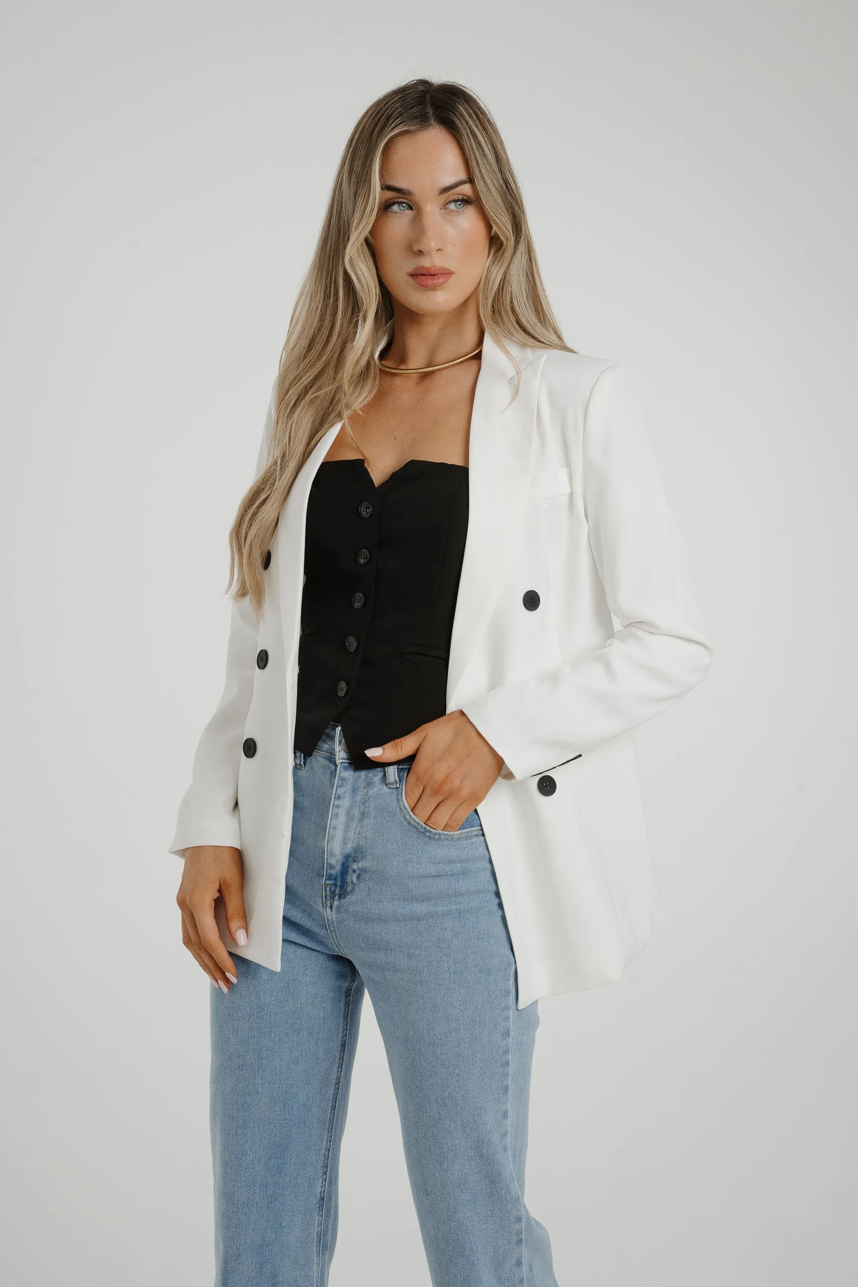 Caitlyn Black Button Blazer In White