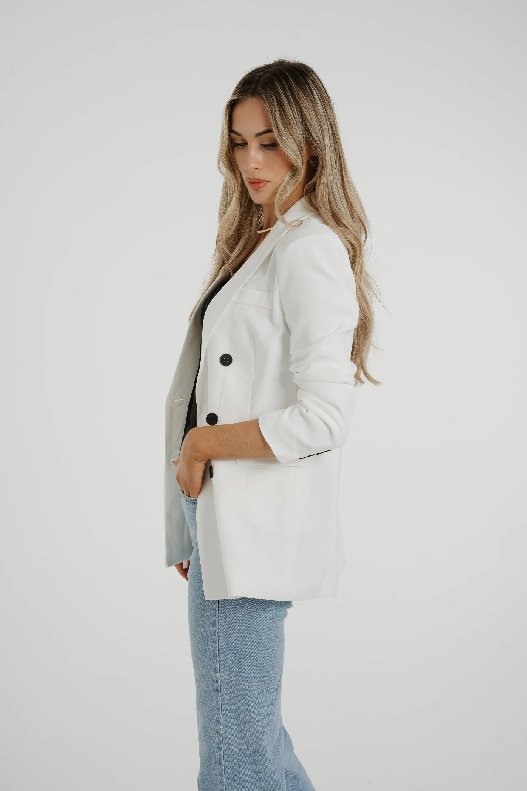 Caitlyn Black Button Blazer In White